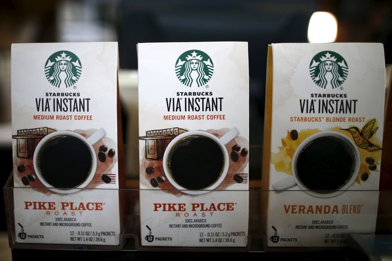 © Reuters. Starbucks Via coffee packets are seen at a store inside the Tom Bradley terminal at LAX airport in Los Angeles