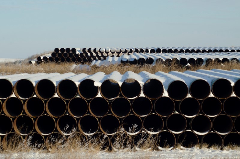 © Reuters. File photo of pipes for Transcanada Corp's planned Keystone XL oil pipeline in Gascoyne North Dakota