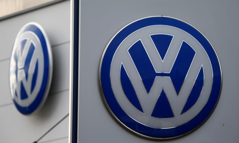 © Reuters. Logos of VW are pictured at a car shop in Bad Honnef