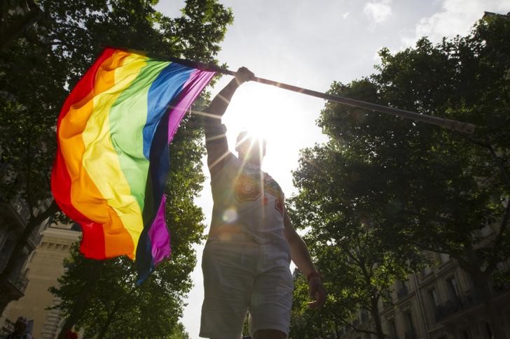 © Reuters. Primeira parada gay desde que a França aprovou o casamento entre pessoas do mesmo sexo