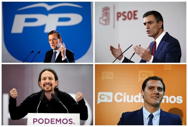 © Reuters. A combination of file pictures shows Spain's PM Rajoy, opposition socialist party PSOE leader Sanchez, Spain's Ciudadanos party leader Rivera, and Spain's Podemos (We Can) party leader Iglesias