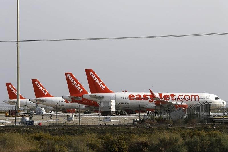 © Reuters. Aircraft of British carrier easyJet parked on the apron at Larnaca airport