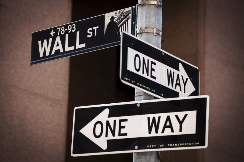 © Reuters. A 'Wall St' sign is seen above two 'One Way' signs in New York 