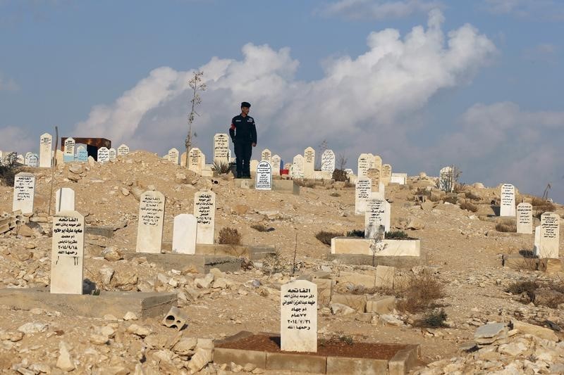 © Reuters. A member of the police attends the funeral of Milkawi in Zarqa