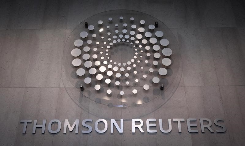 © Reuters. The Thomson Reuters logo inside lobby of company building in Times Square, New York