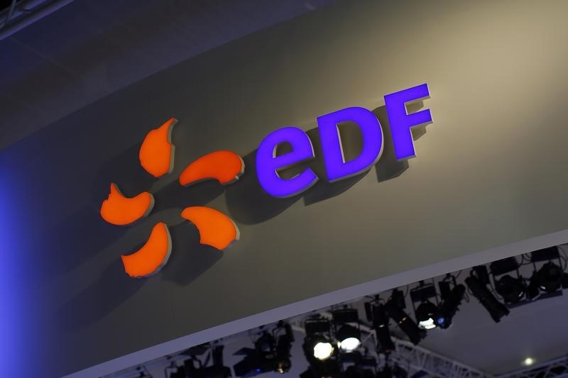 © Reuters. The logo of French state-owned electricity company EDF is pictured at the World Nuclear Exhibition 2014, the trade fair event for the global nuclear energy sector, in Le Bourget, near Paris