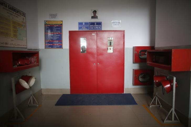 © Reuters. A newly installed fire door is seen in a factory of Ananta Garments Ltd in Savar