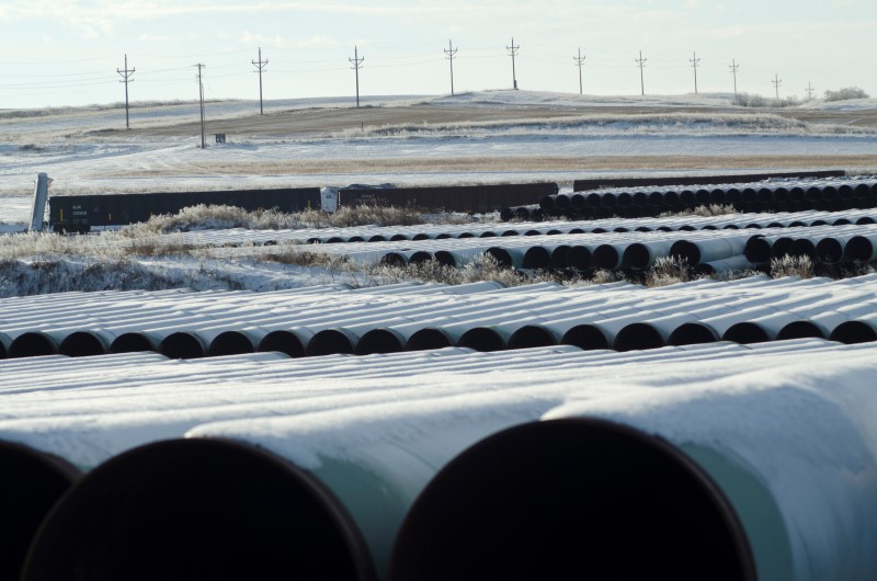 © Reuters. A depot used to store pipes for Transcanada Corp's planned Keystone XL oil pipeline is seen in Gascoyne North Dakota