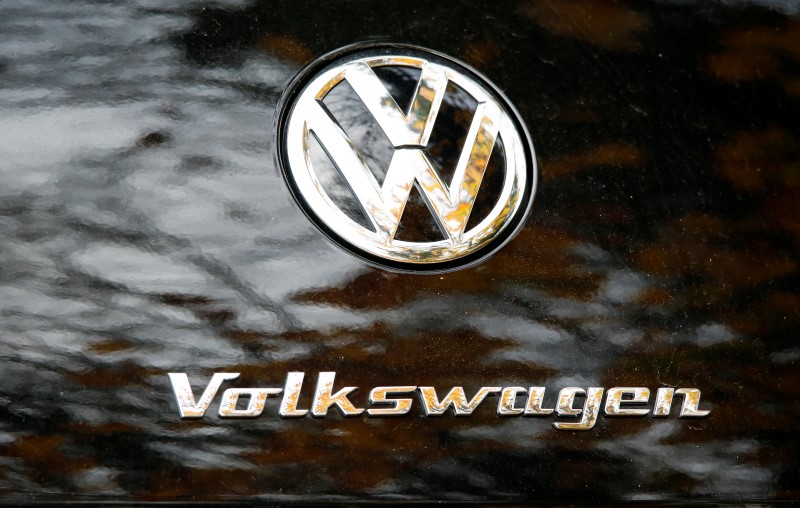 © Reuters. The VW logo is pictured on the back of a vintage Volkswagen car at a car shop in Bad Honnef