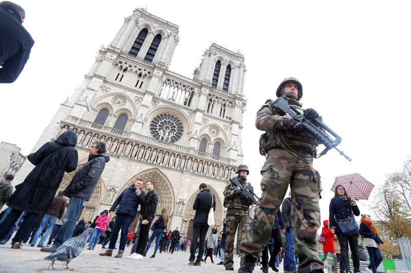 © Reuters. French military patrol near the Notre Dame Cathedral the day after a series of deadly attacks in Paris