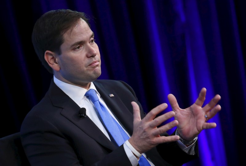 © Reuters. U.S. Republican presidential candidate Marco Rubio discusses "The Next Agenda for the American Presidency" at the Wall Street Journal CEO Council 2015 annual meeting in Washington