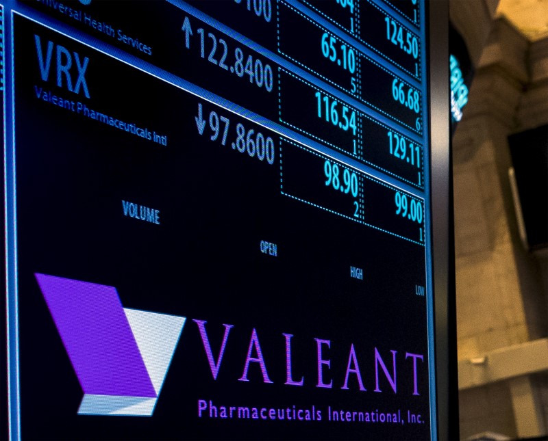 © Reuters. The ticker information for Valeant Pharmaceuticals International Inc. is displayed on a screen above the post where it's traded on the floor of the New York Stock Exchange 