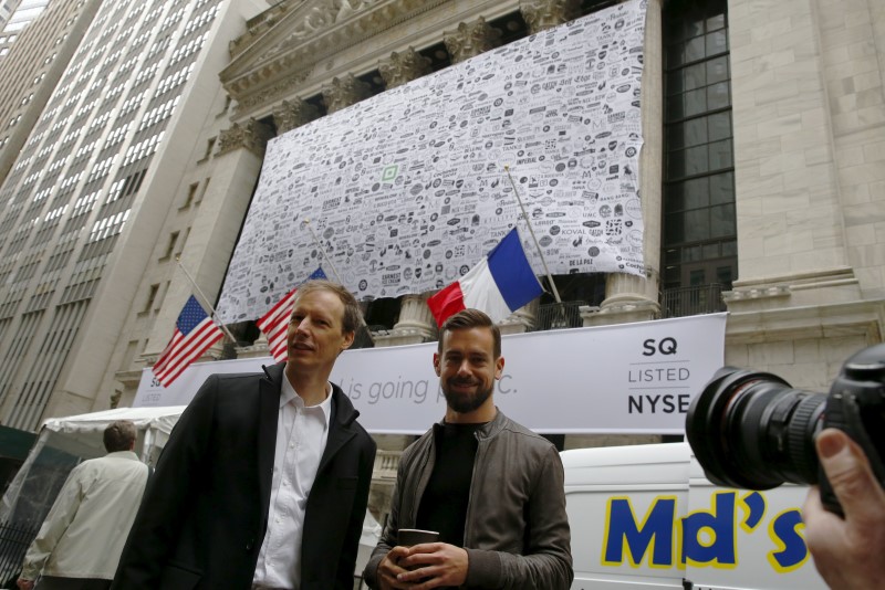 © Reuters. Jack Dorsey, CEO of Square and CEO of Twitter, poses as he arrives at the New York Stock Exchange