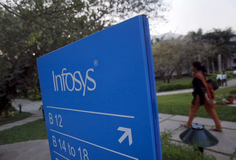 © Reuters. File photo of an employee walking past a signage board in the Infosys campus at the Electronics City IT district in Bangalore