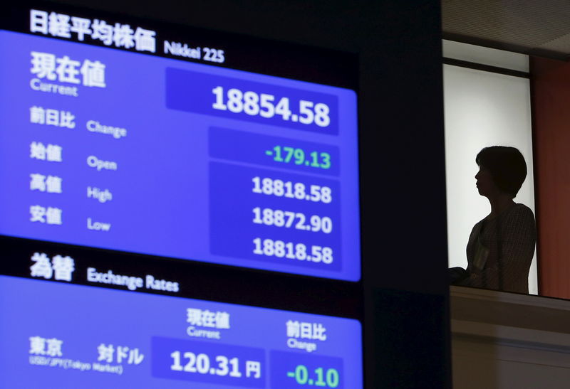 © Reuters. A woman stands near an electronic board at the Tokyo Stock Exchange