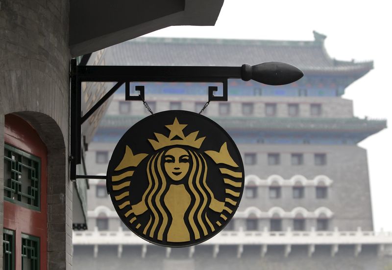 © Reuters. File photo of the Starbucks logo in central Beijing