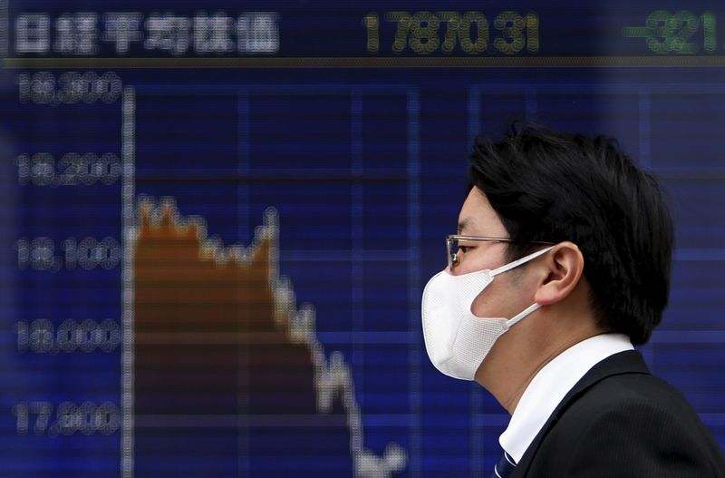 © Reuters. Tokyo, un passante davanti al tabellone elettronico di un'agenzia di brokerage con l'andamento dell'indice di borsa Nikkei