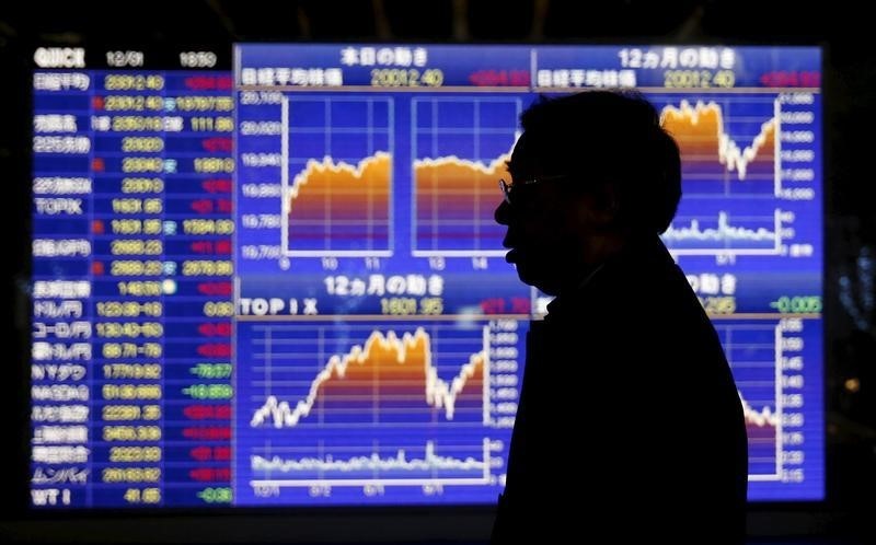 © Reuters. Man walks past an electronic board showing graphs of recent Japan's Nikkei share average outside a brokerage in Tokyo