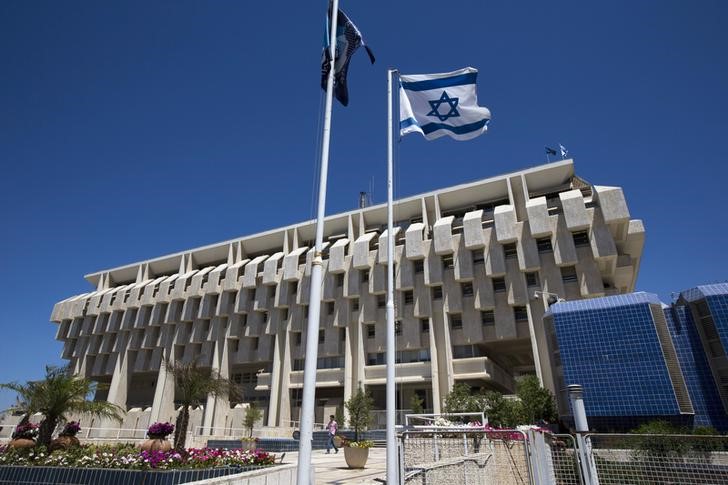 © Reuters. An Israeli flag flutters outside the Bank of Israel building in Jerusalem