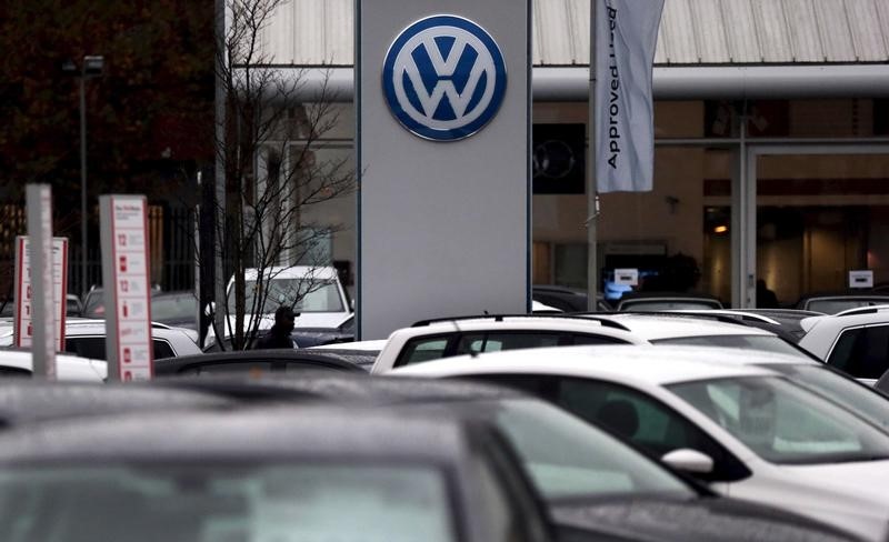 © Reuters. File photo of Volkswagen cars parked outside a VW dealership in London