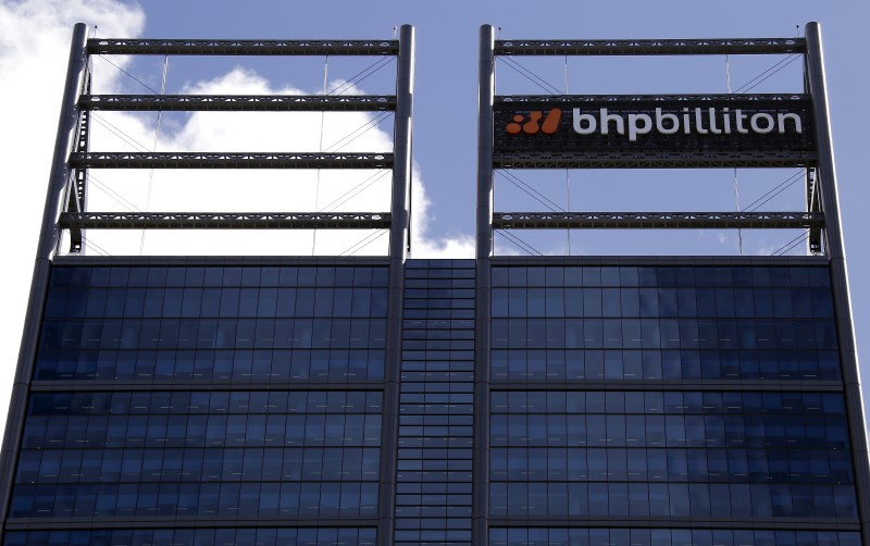 © Reuters. A sign adorns the building where mining company BHP Billiton has their office in Perth, Western Australia