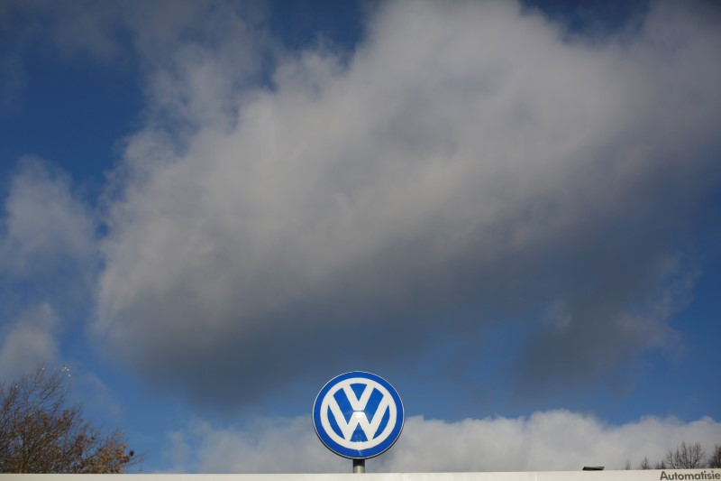 © Reuters. A Volkswagen company logo sits atop the VW factory in Wolfsburg