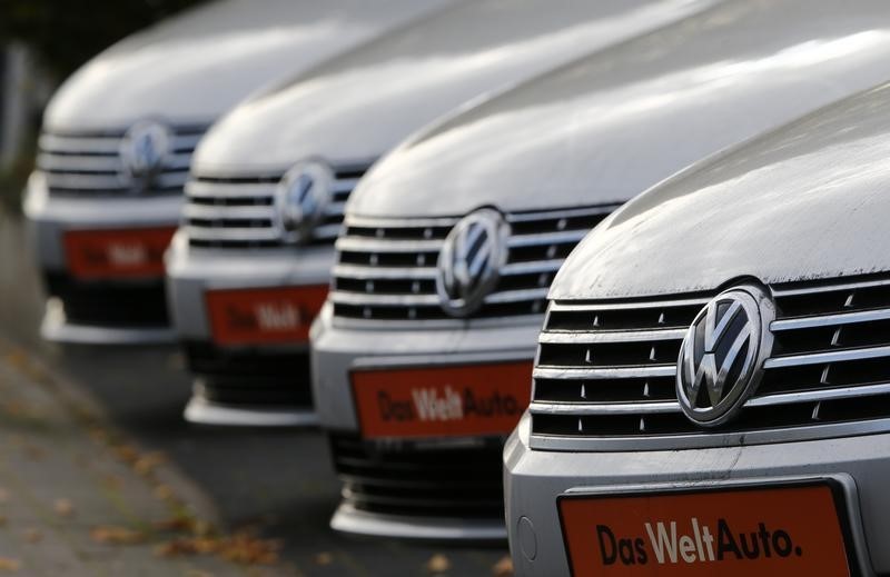 © Reuters. Volkswagen cars are lined up for sale at a car shop in Bad Honnef
