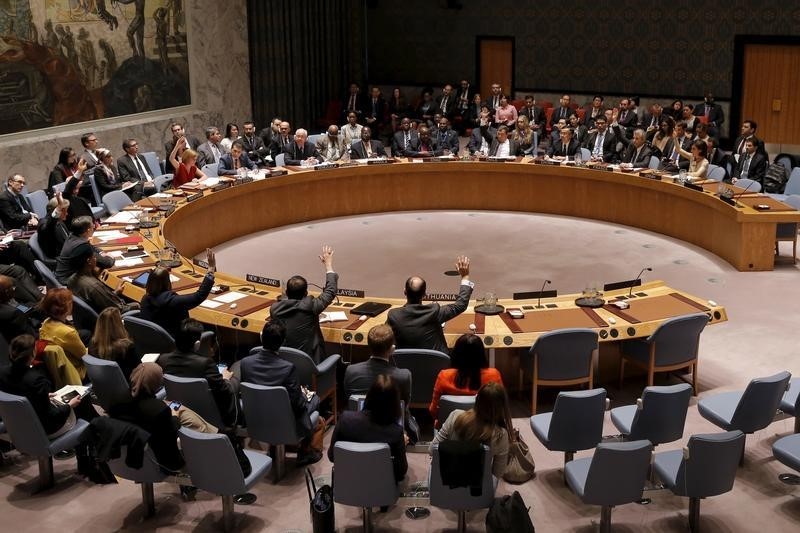 © Reuters. File photo of United Nations Security Council members casting their votes in favor of the adoption of the agenda during meeting on alleged human rights abuses by North Korea