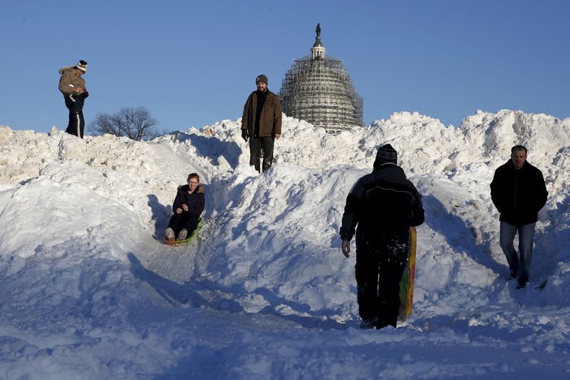 © Reuters. واشنطن تغرق في شبر من الثلج بعد أن عطلت العاصفة الثلجية أعمال الكونجرس