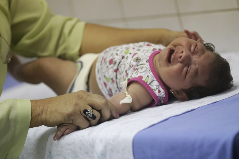 © Reuters. Hospital staff Oswaldo Cruz prepares to draw blood from baby Lorrany Emily da Silva, who has microcephaly, at the Oswaldo Cruz Hospital in Recife, Brazil