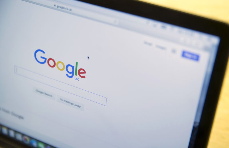 © Reuters. The Google internet homepage is displayed on a product at a store in London