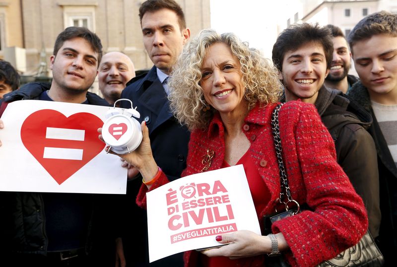 © Reuters. Democratic Party Senator Cirinna holds a placard as she poses with supporters of gay civil unions outside the Italian Senate in Rome