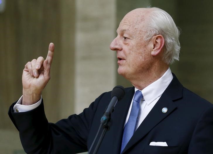 © Reuters. Enviada da ONU para a Síria, Staffan de Mistura, faz declaração na sede da entidade, em Genebra