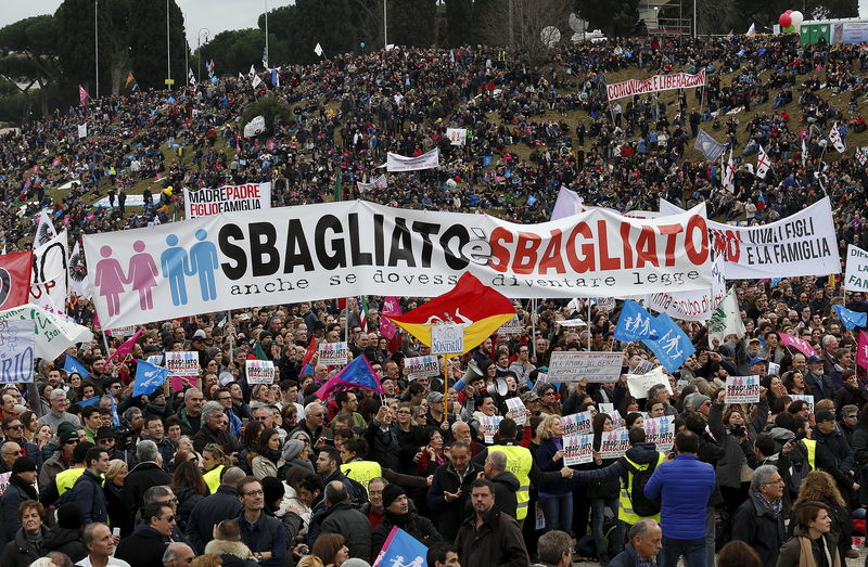 © Reuters. Protesters hold a banner reading "It is wrong even if it becomes law" during a rally against same-sex unions and gay adoption in Rome