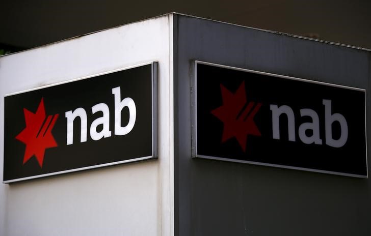 © Reuters. A National Australia Bank (NAB) sign is displayed outside an office building in central Sydney, Australia