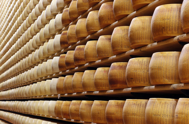 © Reuters. A file photo of a storage area for Parmesan cheese wheels being pictured at a warehouse owned by Credito Emiliano bank in Montecavolo