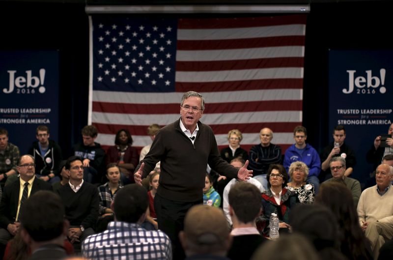 © Reuters. Republican presidential candidate and former Florida Governor Jeb Bush speaks to voters at a town hall meeting campaign stop at Colby-Sawyer College in New London