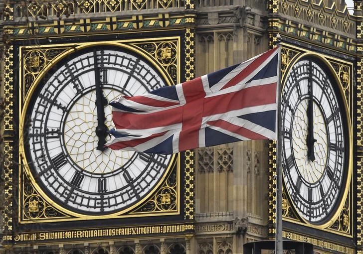 © Reuters. A British Union Jack flag is seen flying near a face of the clocktower at the Houses of Parliament in London, Britain