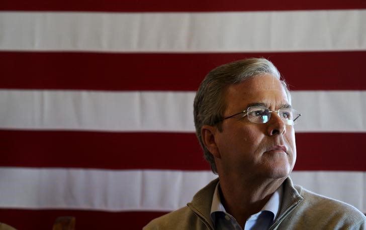 © Reuters. U.S. Republican presidential candidate Bush waits to speak at a campaign event at the Greasewood Flats Ranch in Carroll