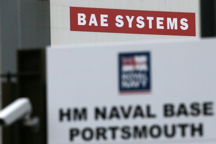 © Reuters. A BAE Systems sign is seen at the naval dockyards in Portsmouth