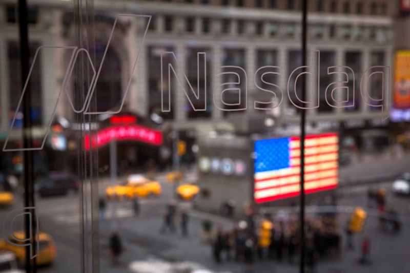 © Reuters. The Nasdaq logo is etched into glass at the headquarters for the Nasdaq in New York