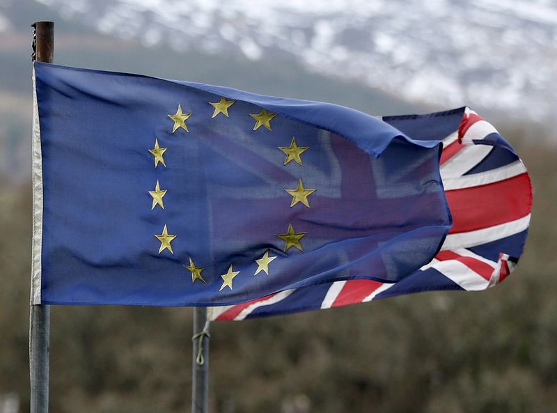 © Reuters. File photograph of a European Union flag flying in front of a Union flag in Perth, Scotland