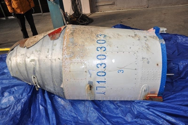 © Reuters. A metal object believed to be a part of North Korean long range rocket launched on February 7, 2016, is seen in this undated handout picture