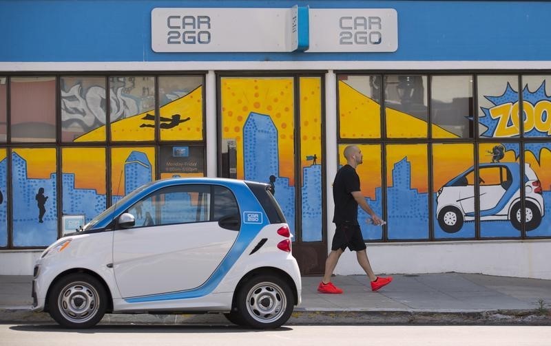 © Reuters. A man walks past an electric car from the car sharing company Car2Go, shown parked in front of their offices in San Diego