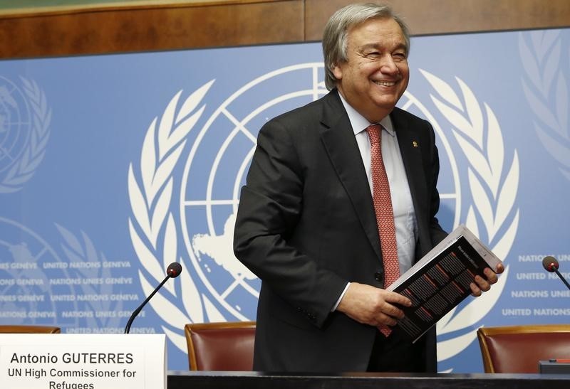 © Reuters. Guterres UN High Commissioner for Refugees smiles after a news conference in Geneva