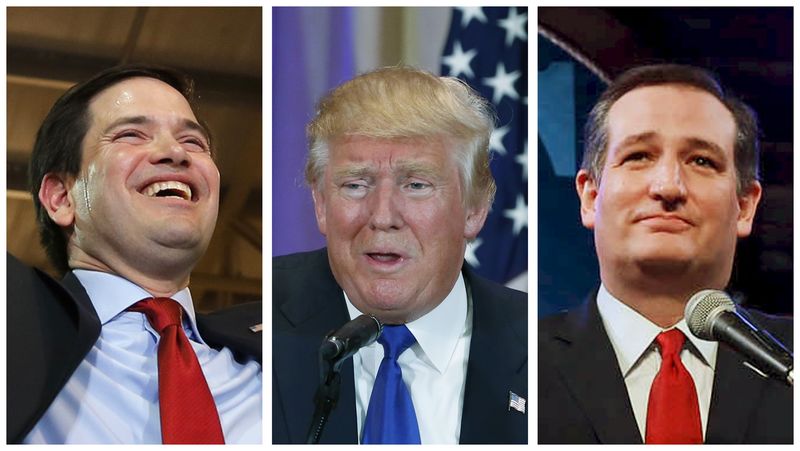 © Reuters. A combination photo shows Republican U.S. presidential candidates Marco Rubio  Donald Trump and Ted Cruz addressing supporters at their respective Super Tuesday primary and caucus campaign events