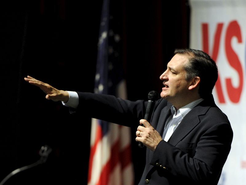 © Reuters. El senador y precandidato republicano a la presidencia de Estados Unidos Ted Cruz habla en el caucus republicano de Kansas en Wichita