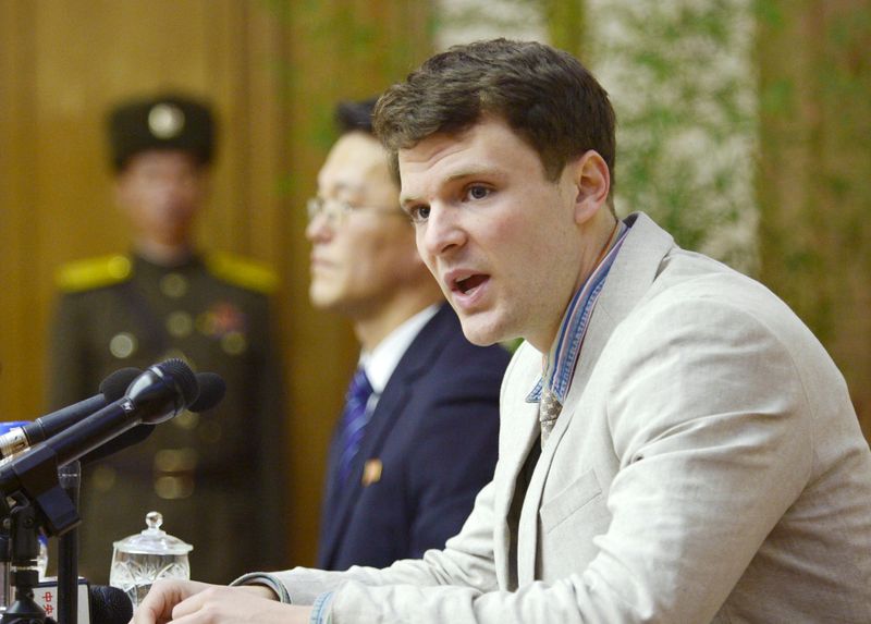 © Reuters. Otto Warmbier, a University of Virginia student who has been detained in North Korea since early January, attends a new conference in Pyongyang, North Korea