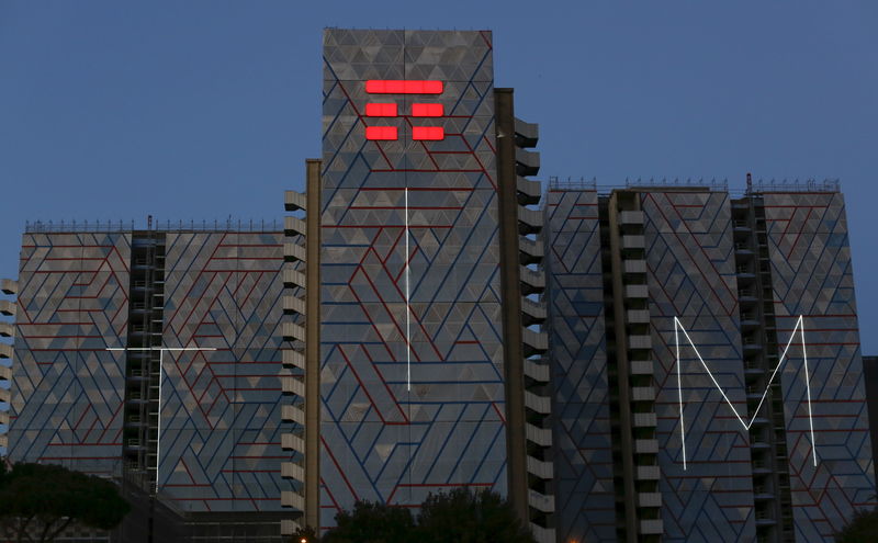 © Reuters. Telecom Italia's new logo for the TIM brand is seen on a building in Rome