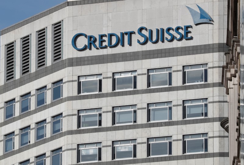 © Reuters. The Credit Suisse logo is seen at their offices at Canary Wharf financial district in London